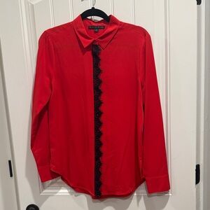ANTONIO MELANI Red Long-Sleeve Shirt with Black Lace Trim